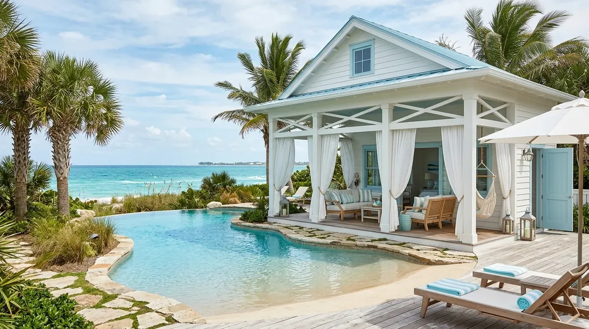Coastal pool house with white shiplap siding, blue accents, breezy curtains, and open-air layout.