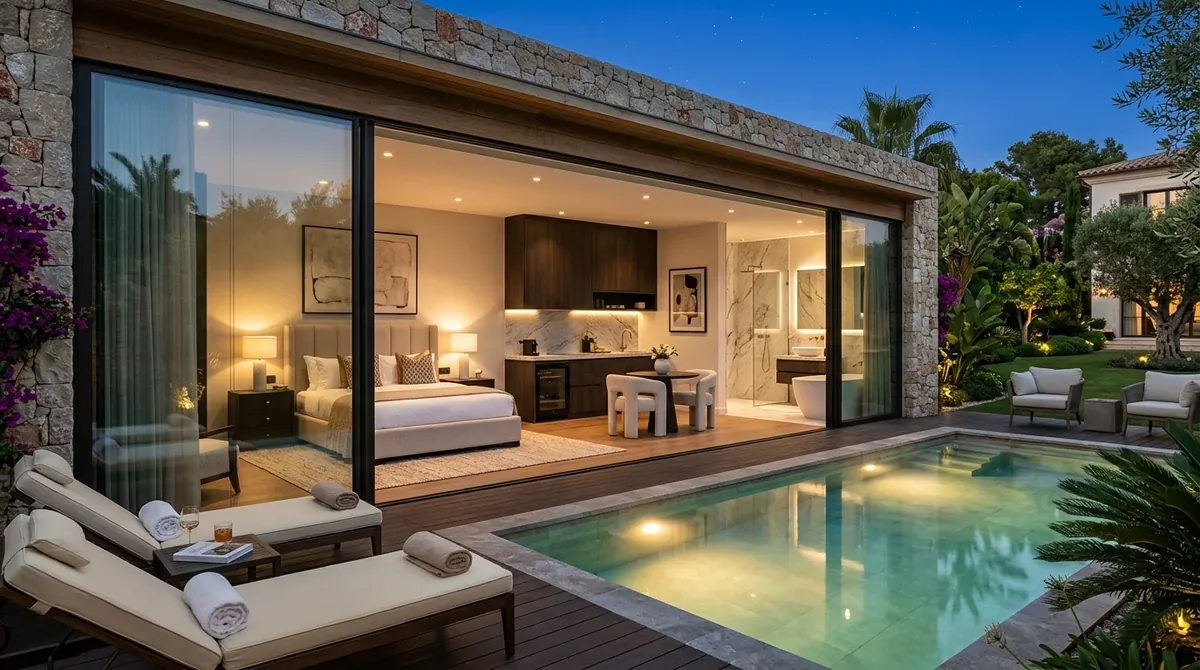 Luxury pool house guest suite with bedroom, bath, kitchenette, glass doors, and private pool outlook.