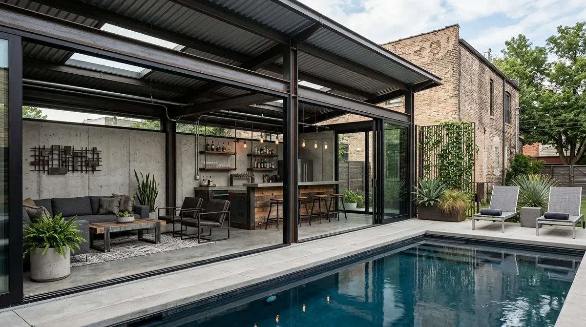 Industrial-style pool house with steel beams, concrete floor, metal accents, and bar lounge area.