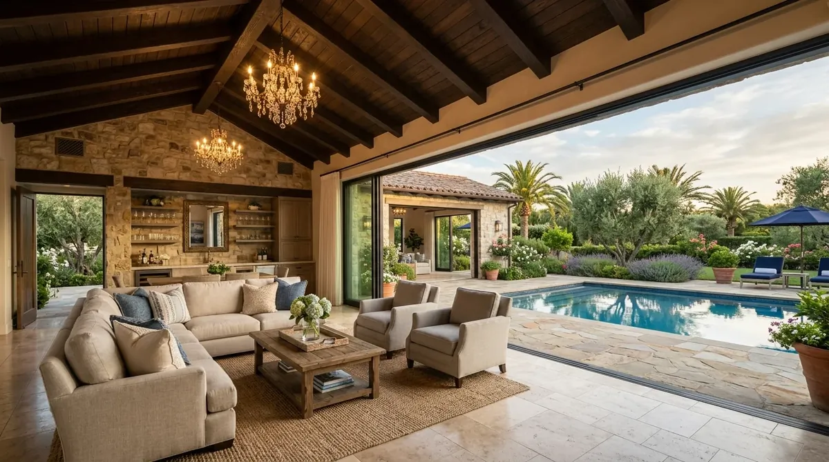 Elegant pool house pavilion with vaulted ceiling, chandelier, plush seating, and panoramic doors.