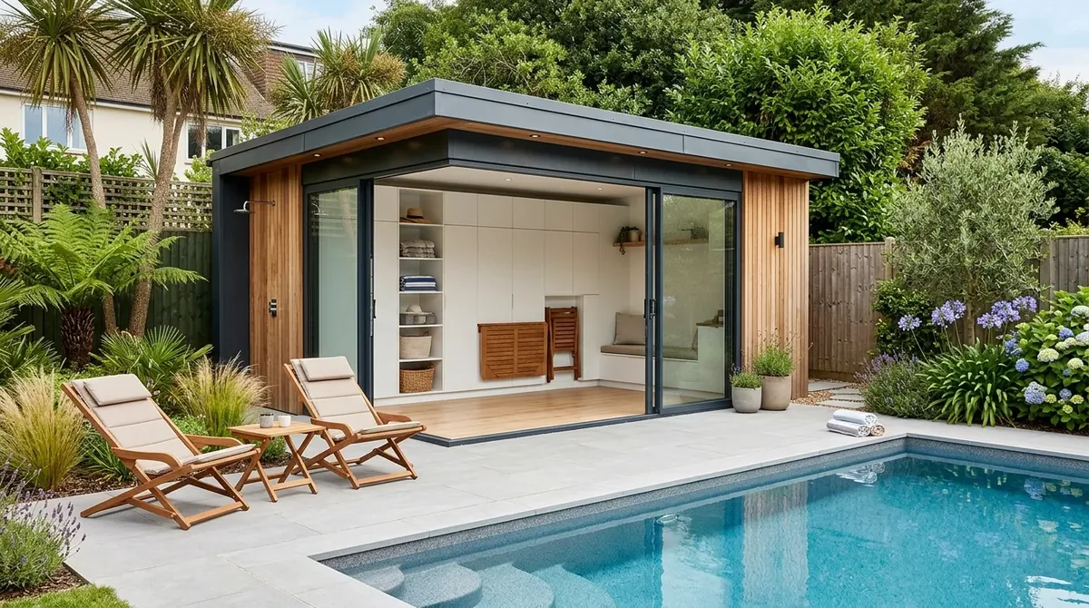 Small pool house with built-in storage, foldable furniture, and clean modern layout.