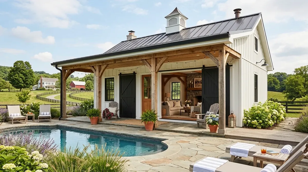 Farmhouse-style pool house with white exterior, black barn doors, porch columns, and cozy lounge.