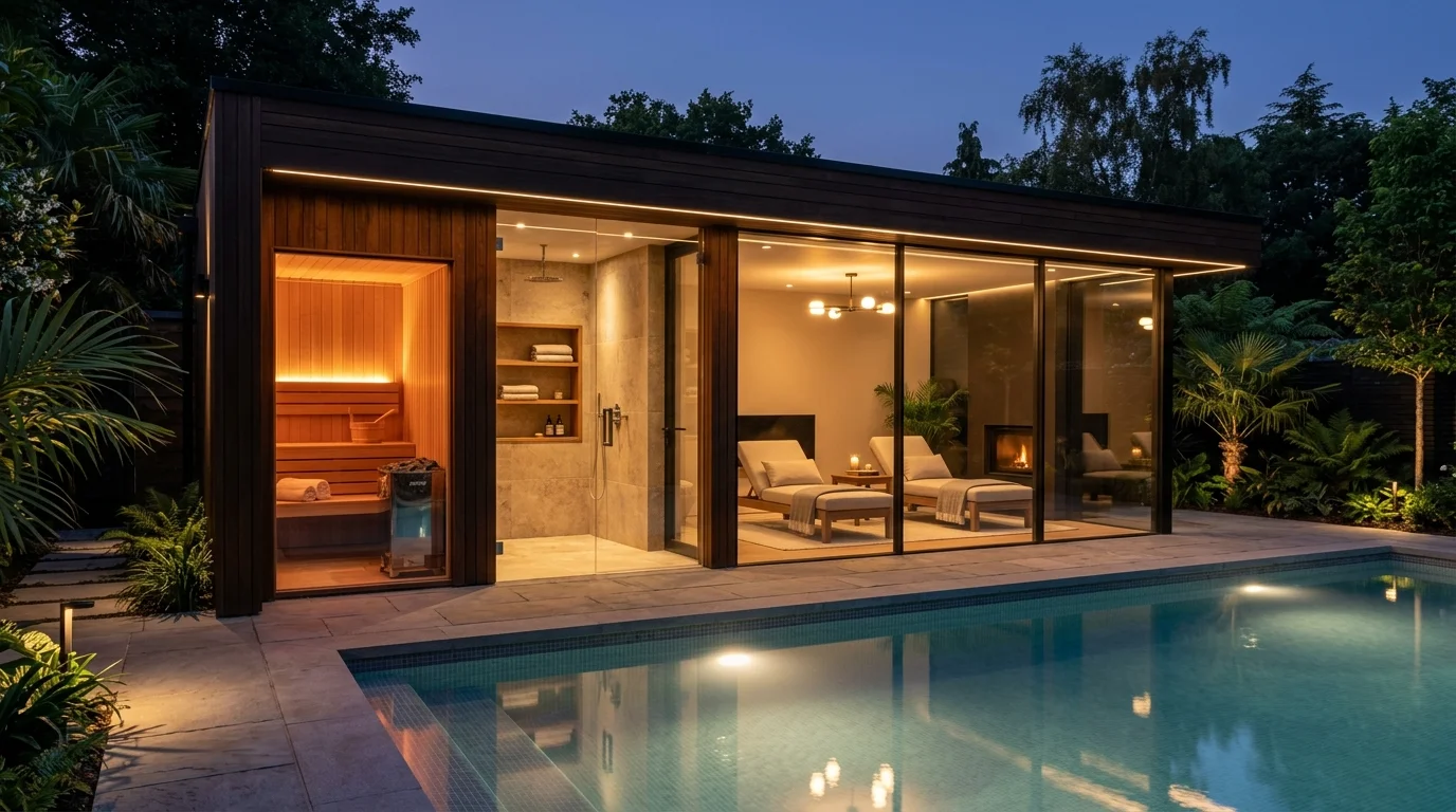 Luxury spa-inspired pool house with sauna room, shower, lounge, and soft wellness lighting.