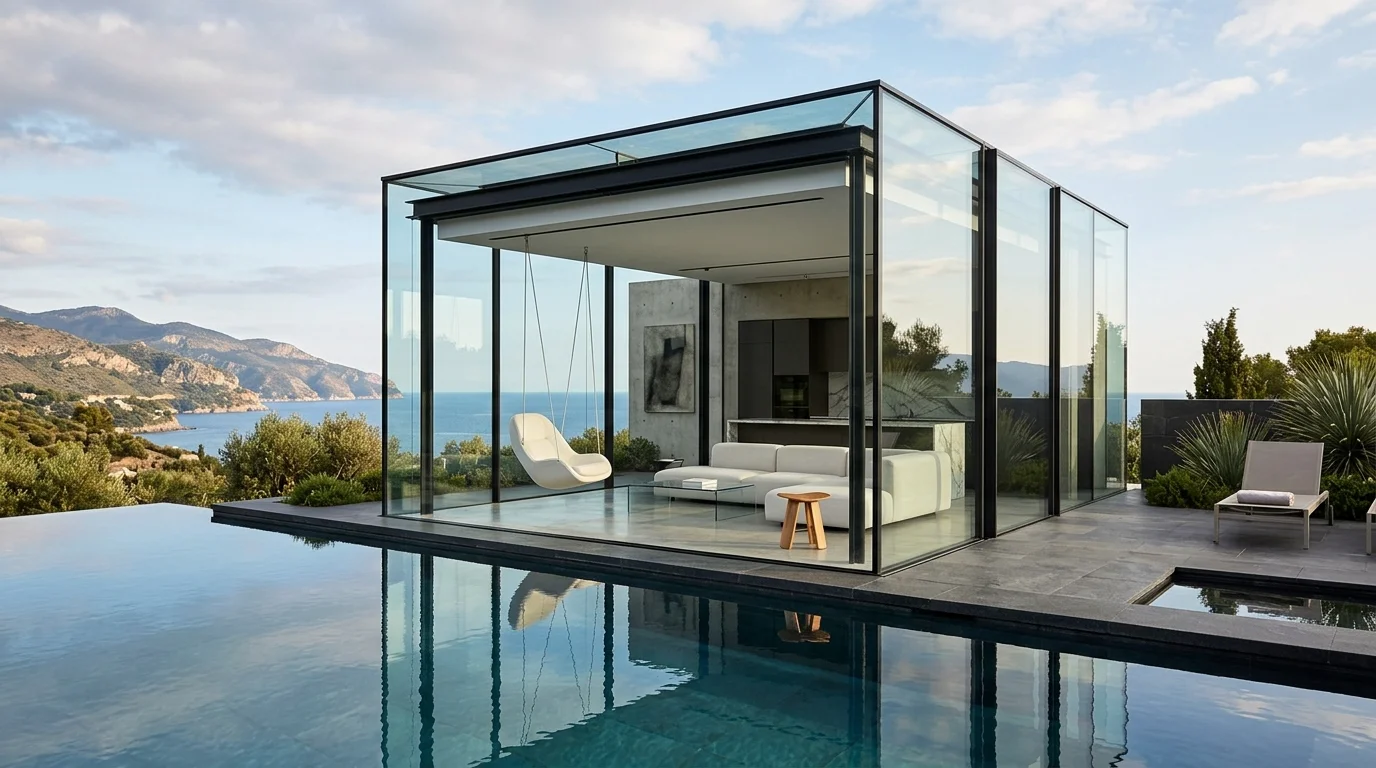 Modern glass cube pool house with transparent walls, floating furniture, and reflective water views.