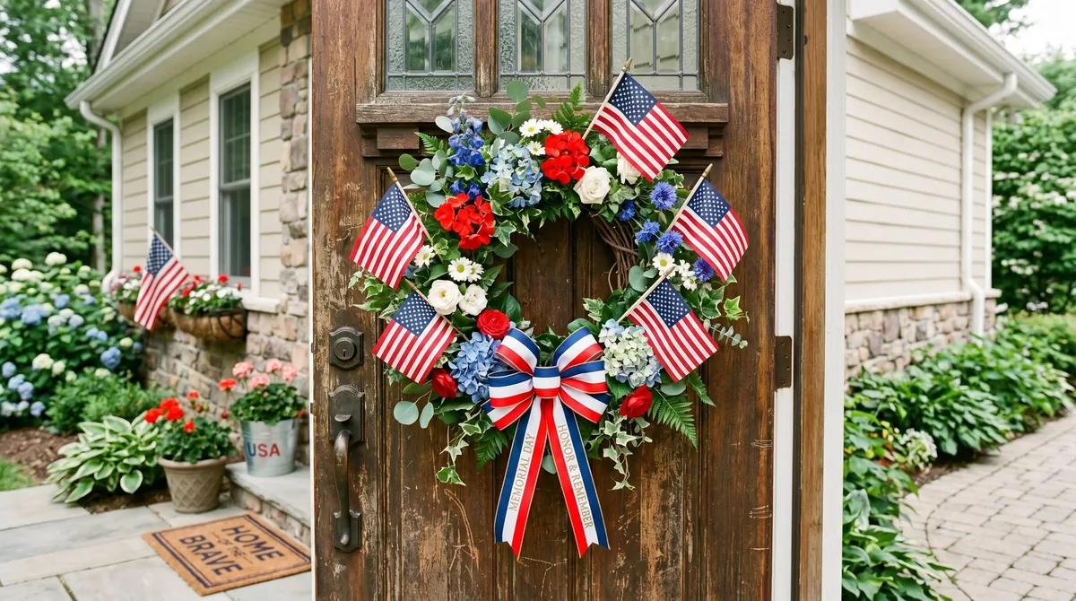 Memorial Day wreath with red, white, and blue flowers, flags, and greenery on a wooden door.