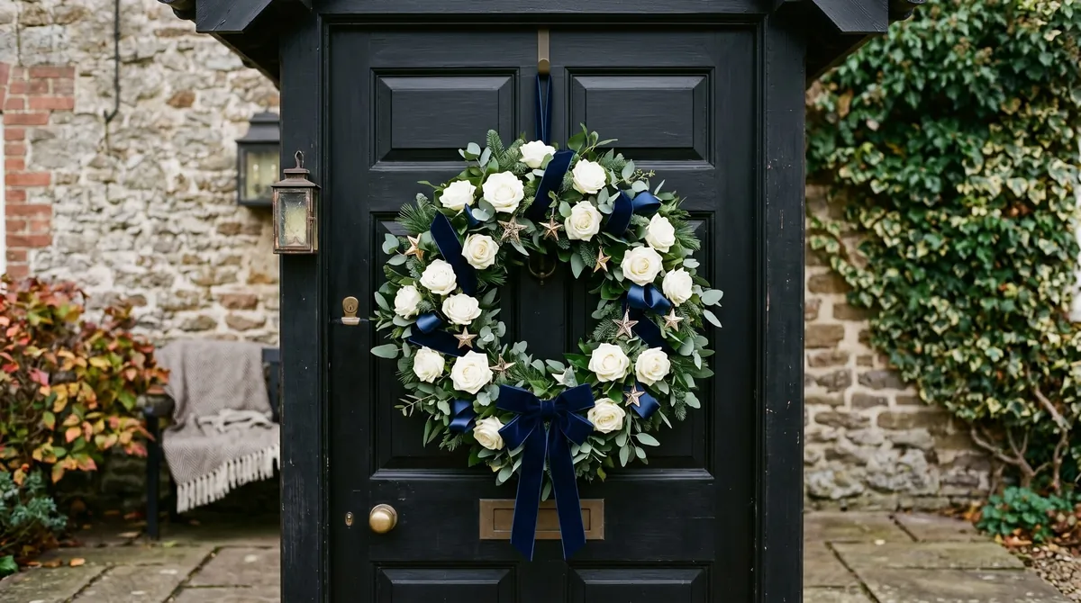 Remembrance wreath with white roses, navy ribbon, and star ornaments.