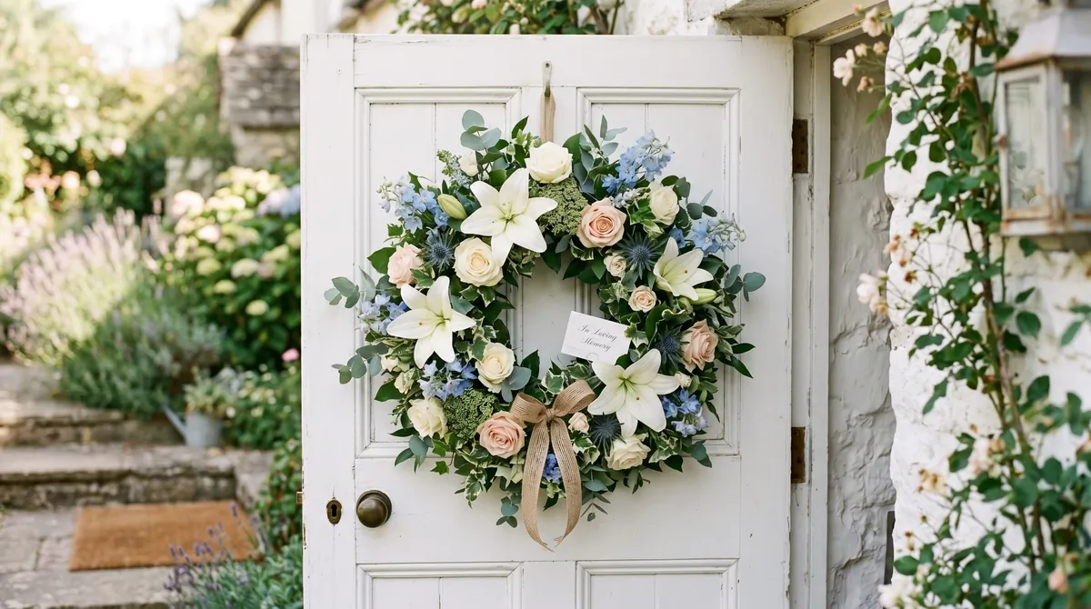 Floral tribute wreath with lilies, roses, eucalyptus, and soft patriotic tones.