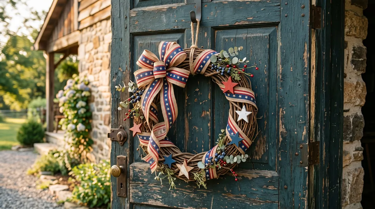Rustic grapevine wreath with patriotic ribbon and wooden stars.