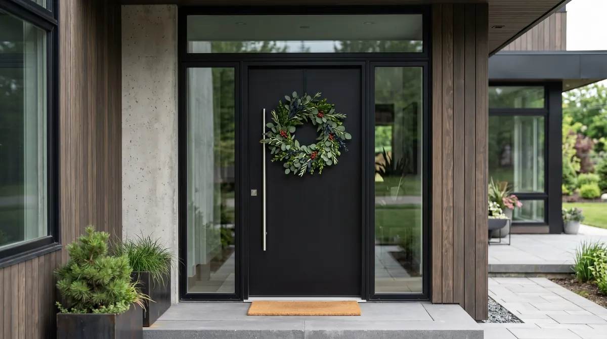 Modern Memorial Day wreath with foliage and subtle red and blue accents.