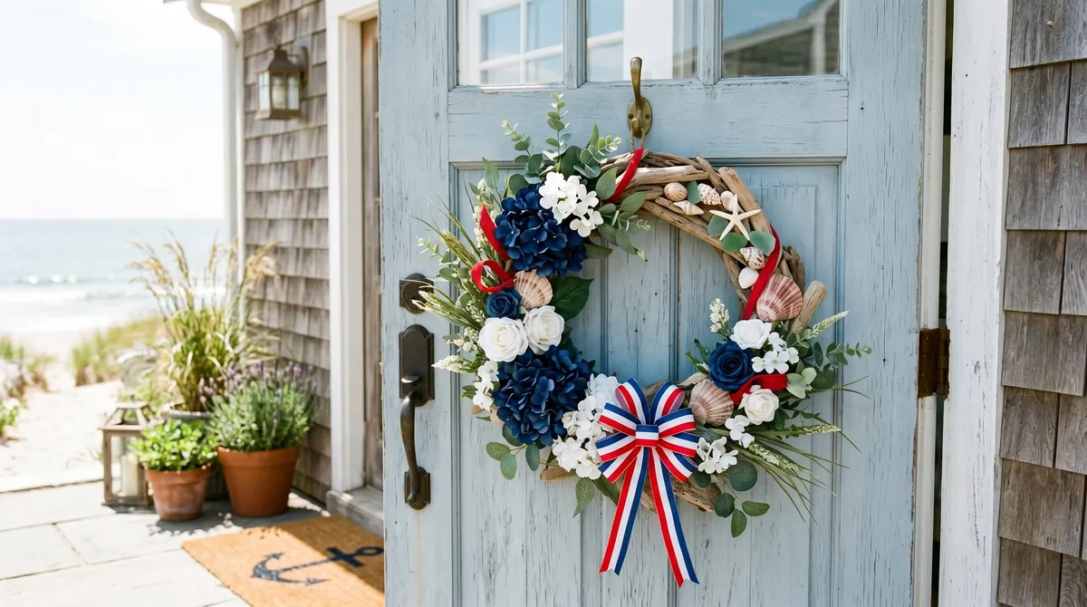 Coastal patriotic wreath with driftwood, shells, navy flowers, and red ribbon.