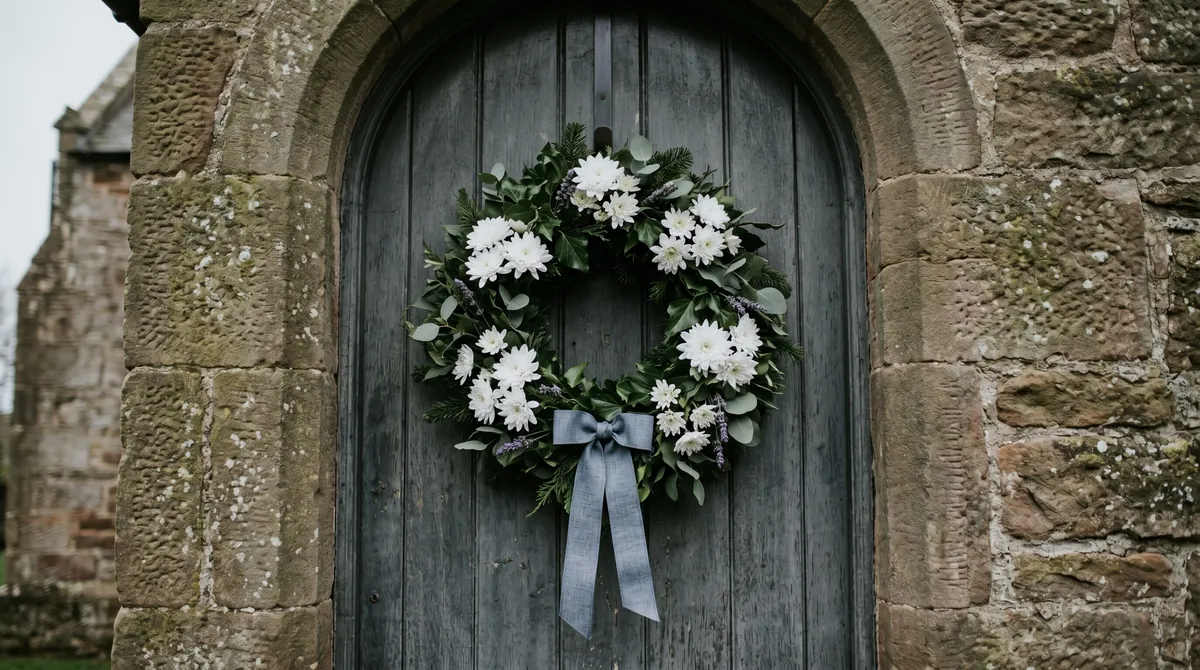 Solemn wreath with white chrysanthemums, greenery, and simple ribbon.