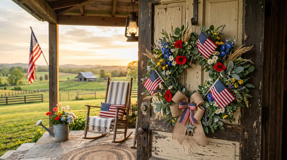Farmhouse Memorial Day wreath with wildflowers, burlap bow, flags, and greenery.