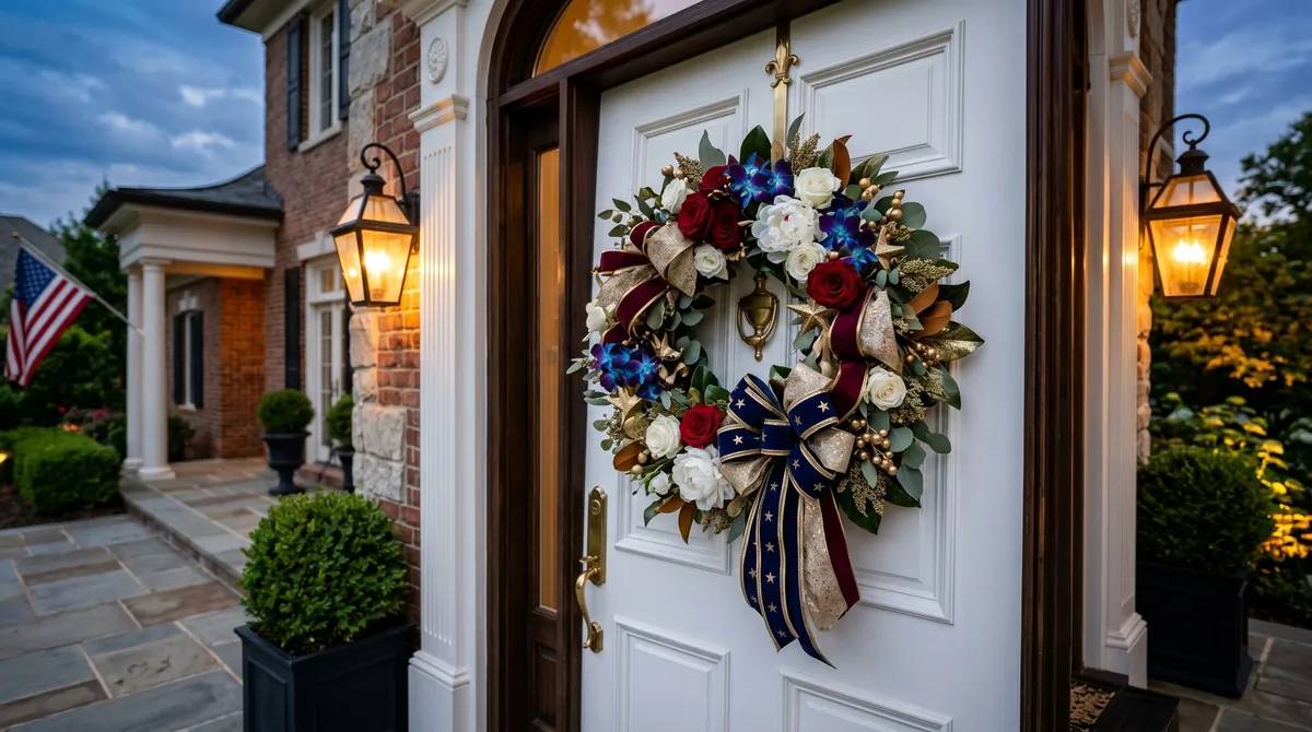 Luxury Memorial Day wreath with roses, orchids, and gold patriotic ribbons.