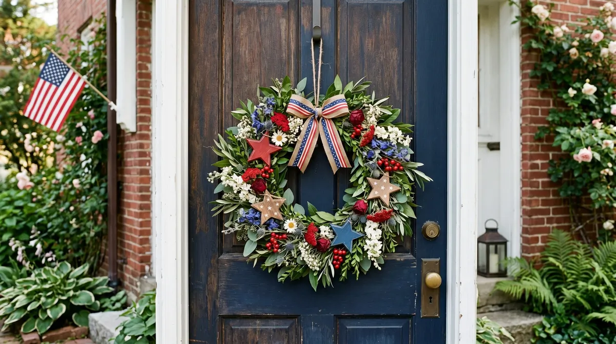 Handcrafted wreath with greenery, dried patriotic flowers, and wooden stars.