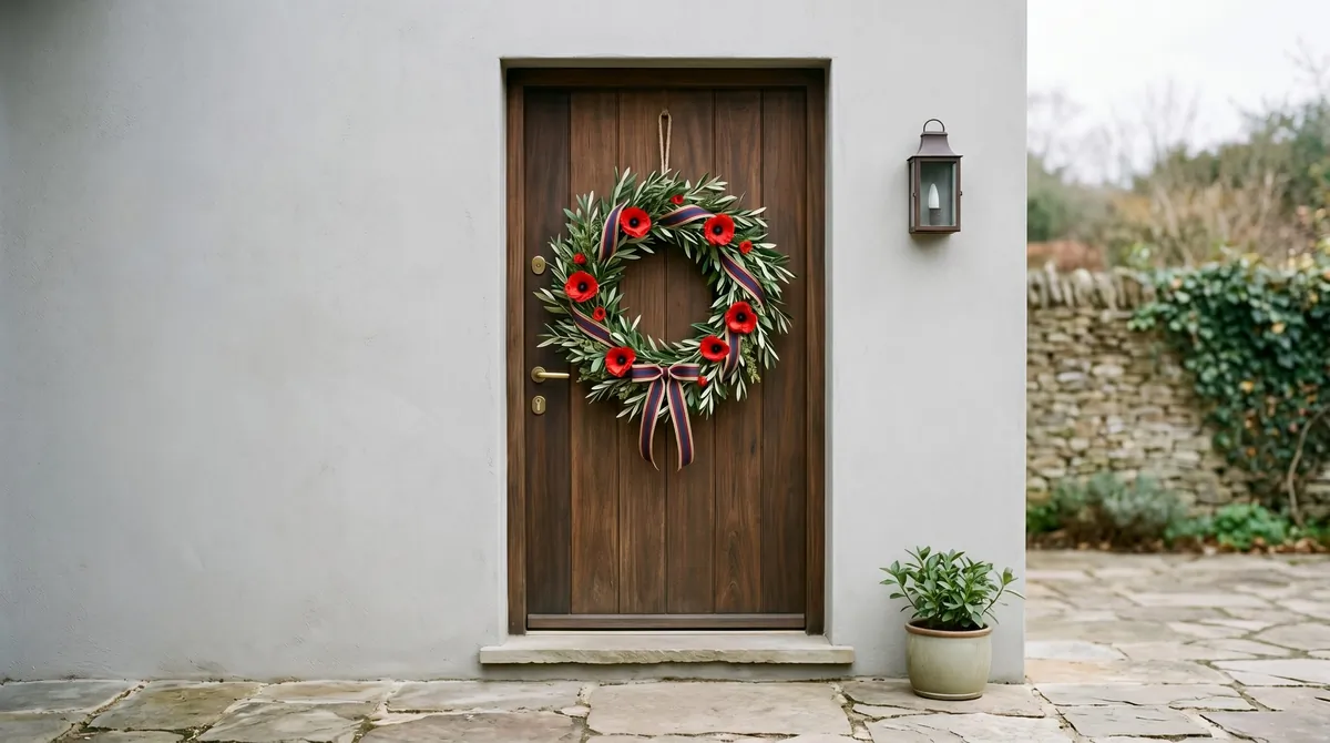 Symbolic remembrance wreath with poppies, olive branches, and patriotic ribbon.