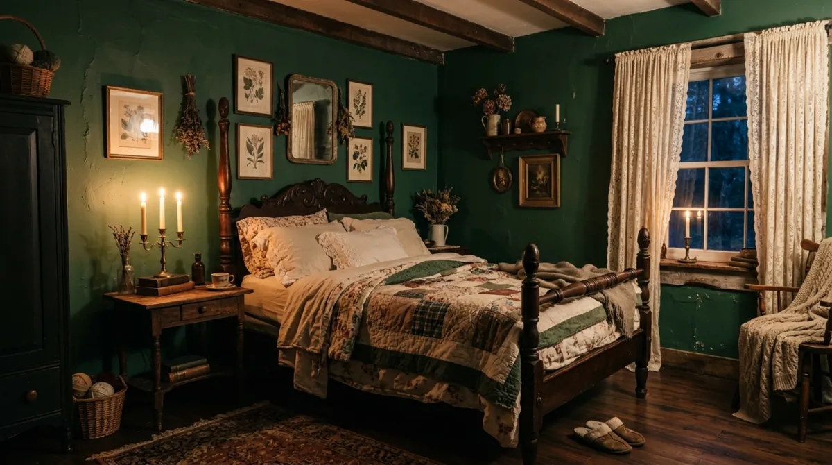 Moody dark cottagecore bedroom with deep green walls, antique wood bed, lace curtains, and candlelit tables.