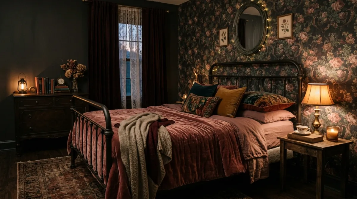 Vintage-inspired dark bedroom with muted floral wallpaper, wrought iron bed, and velvet bedding.