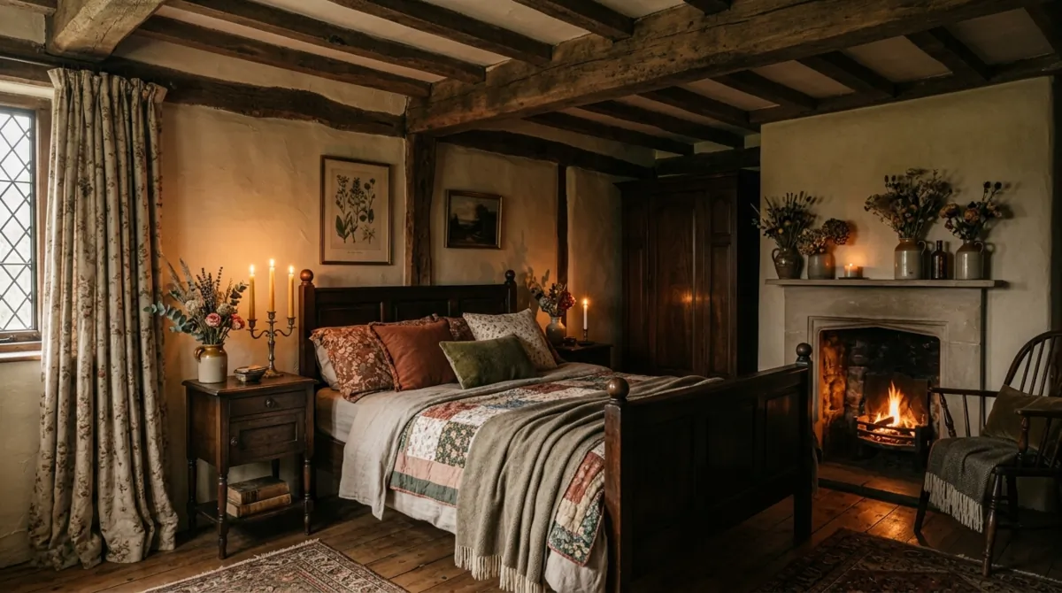 Cottagecore moody bedroom with exposed beams, dark wood furniture, dried flowers, and candle glow.