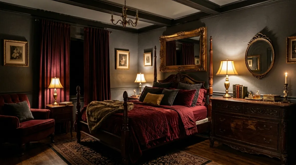 Romantic dark bedroom with burgundy and charcoal palette, ornate mirror, and antique dresser.