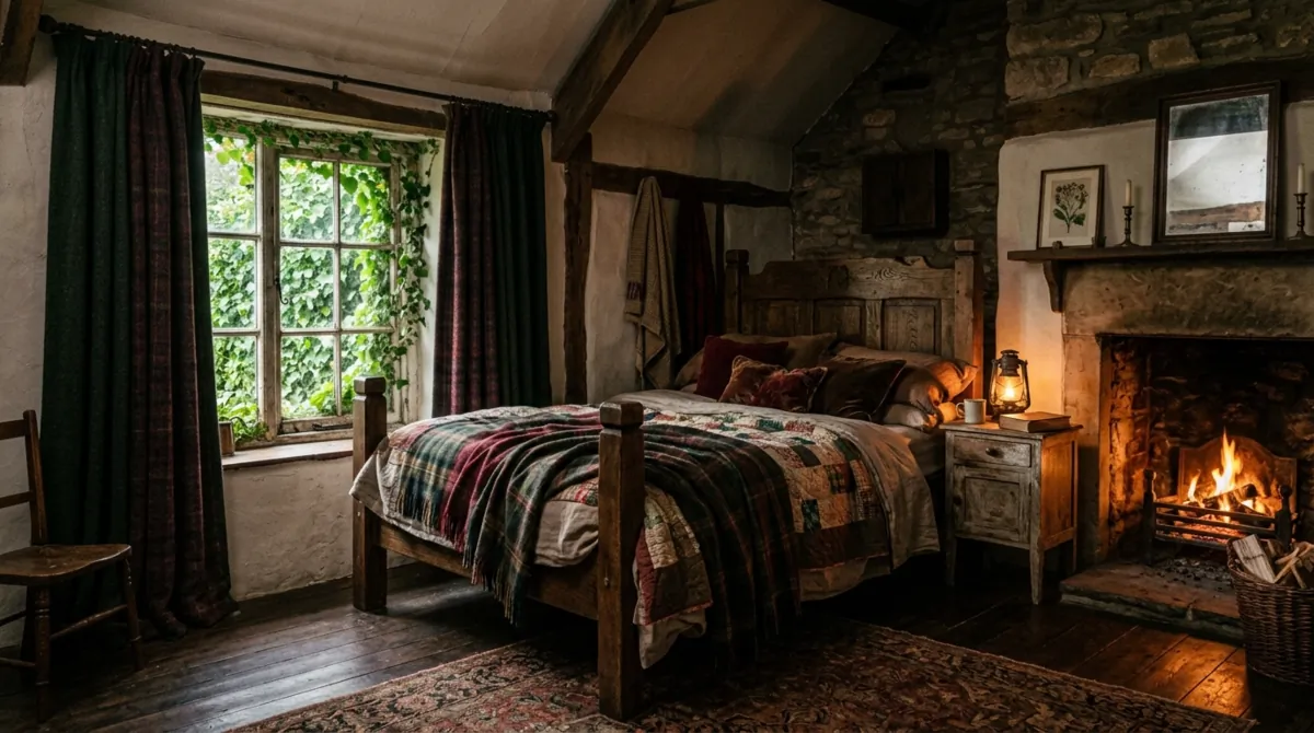 Moody cottage bedroom with ivy-covered window, heavy drapes, rustic bed, and firelight glow.