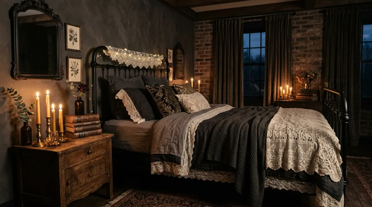 Dark romantic bedroom with black iron bed, lace bedding, vintage books, and candle clusters.