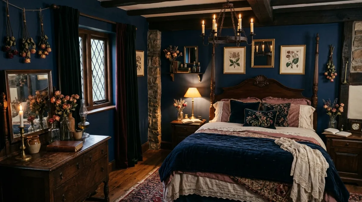 Gothic cottagecore bedroom with deep navy walls, antique furniture, dried roses, and dim lighting.