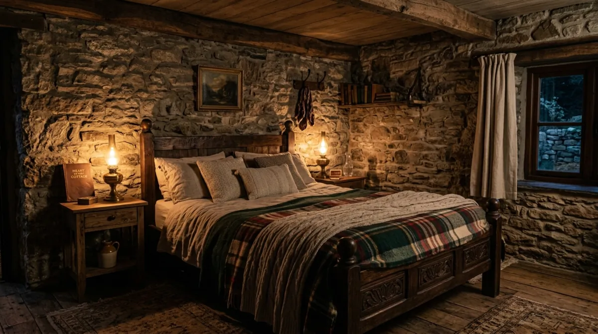 Cozy dark cottage bedroom with textured stone walls, wool blankets, and old oil lamps.