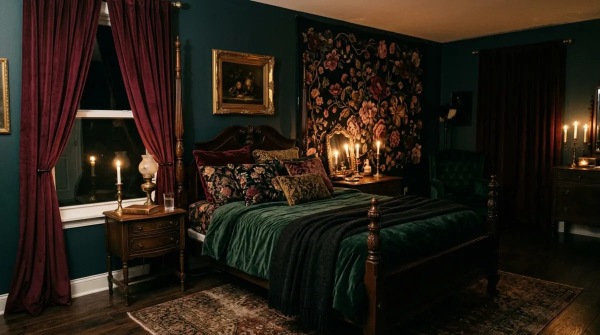 Moody romantic bedroom with floral dark tapestry, velvet curtains, antique side tables, and candlelight.