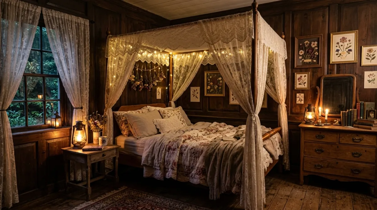 Cottagecore bedroom with dark wood paneling, lace canopy bed, lanterns, and pressed flower decor.