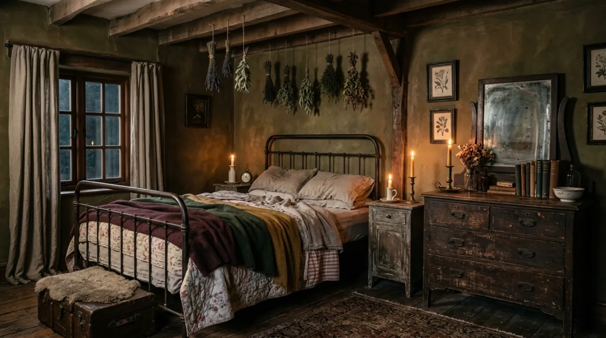 Vintage moody bedroom with distressed furniture, earthy tones, dried herbs, and flickering candlelight.
