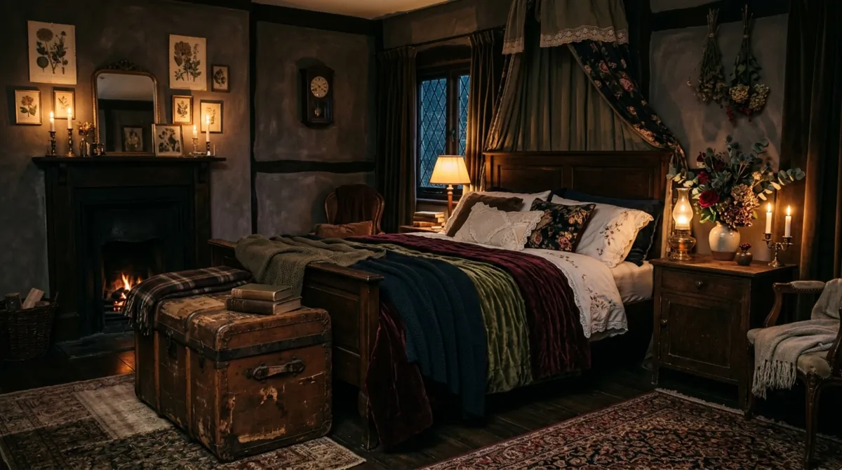 Dark romantic cottage bedroom with floral arrangements, antique trunk storage, layered textiles, and low lighting.