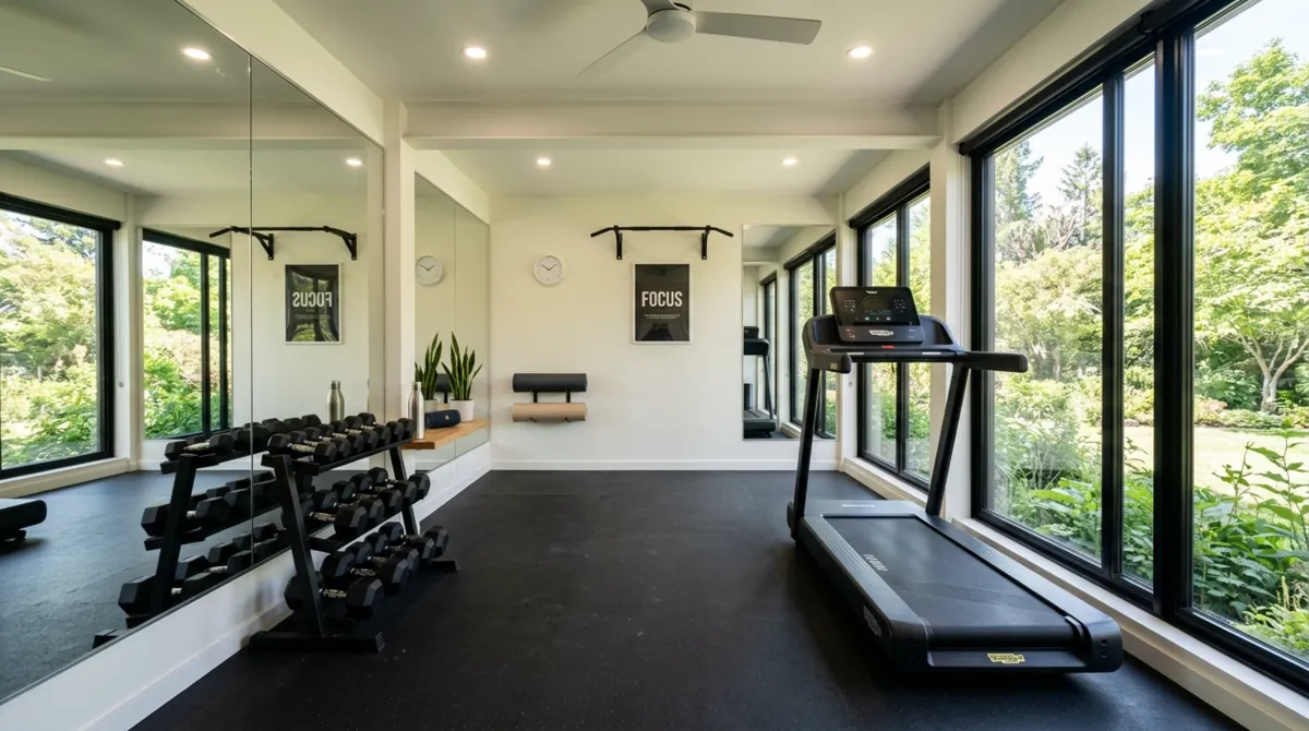 Modern home gym with mirrors, rubber floor, dumbbell rack, treadmill, and bright natural light.