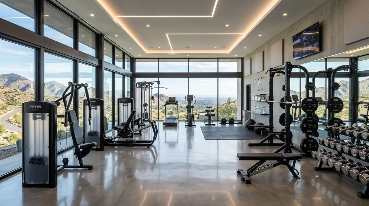 Luxury home gym with glass walls, strength machines, concrete floor, and sleek black-chrome equipment.