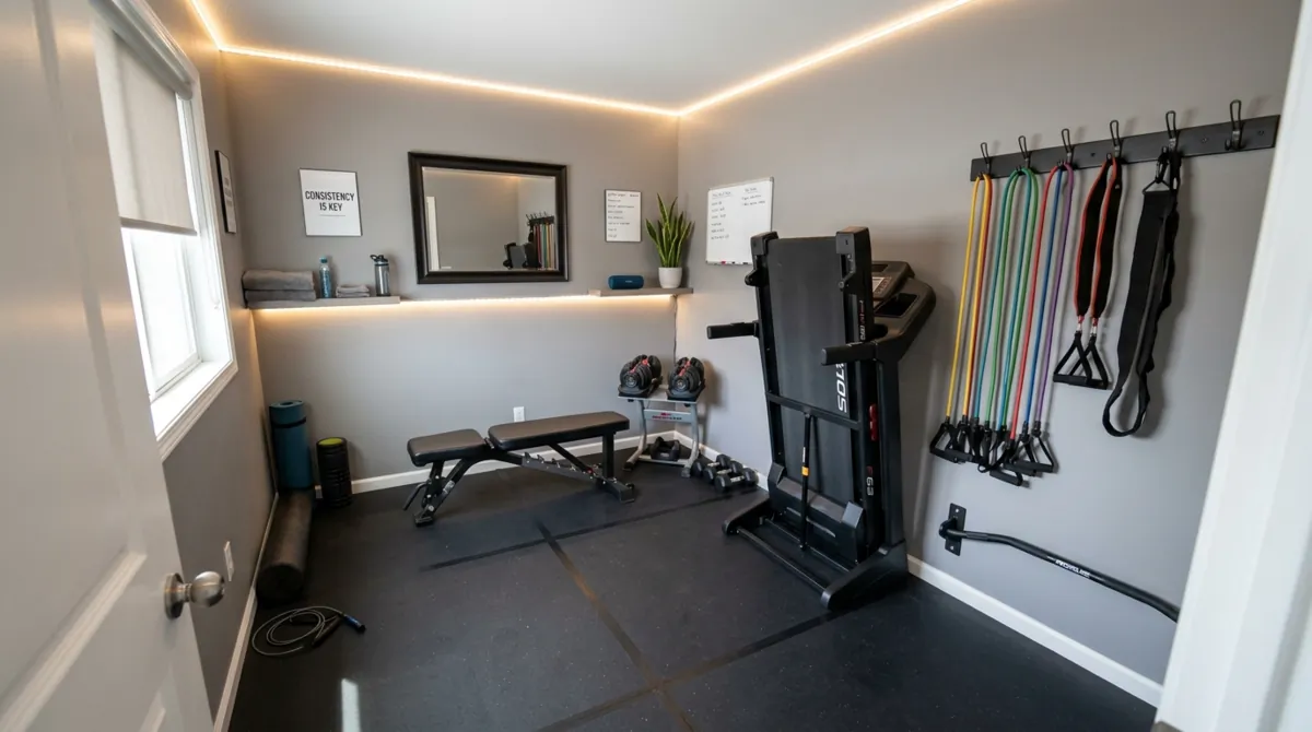 Small home gym in spare room with foldable treadmill, resistance bands, adjustable bench, and gray walls.