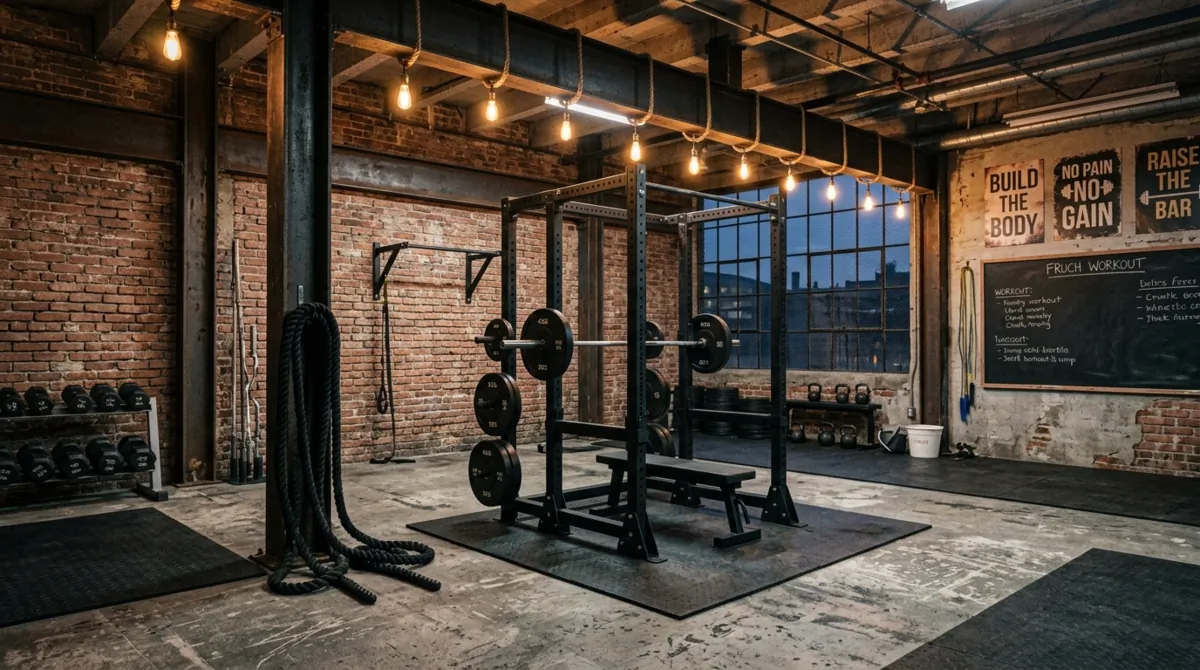 Industrial home gym with exposed brick, steel beams, squat rack, battle ropes, and concrete floor.