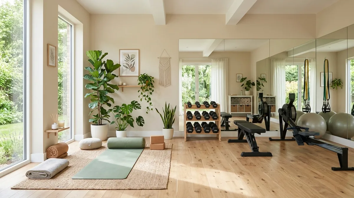 Bright airy home gym with yoga corner, wood floor, mirrors, indoor plants, and tall windows.