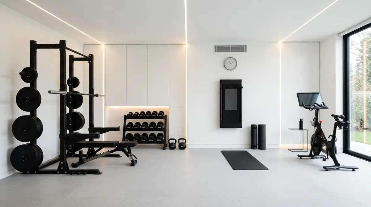 Minimalist home gym with white walls, black equipment accents, concealed storage, and integrated lighting.