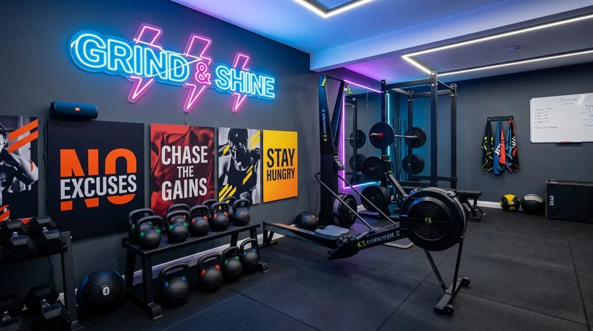 High-energy home gym with neon accent lights, rowing machine, kettlebells, and bold training atmosphere.