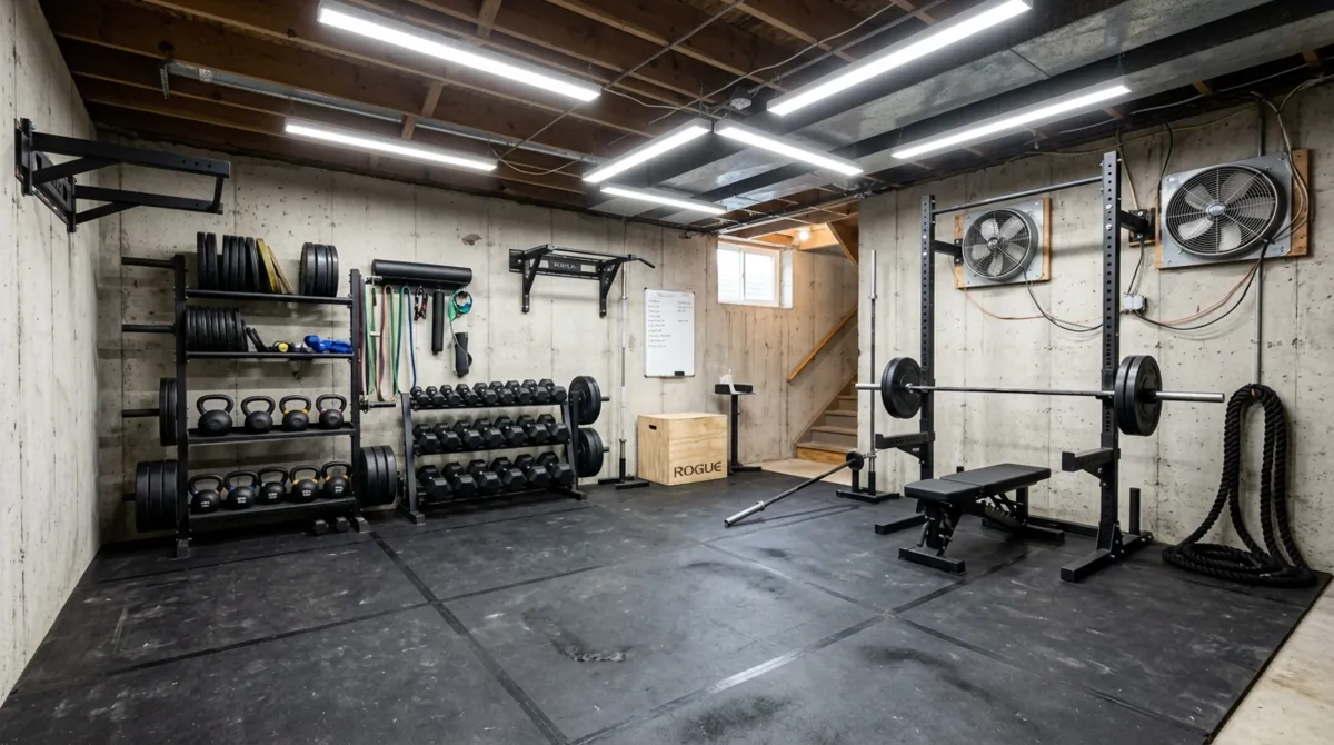 Basement home gym with rubber mats, storage racks, concrete walls, ventilation fans, and bright LED lighting.