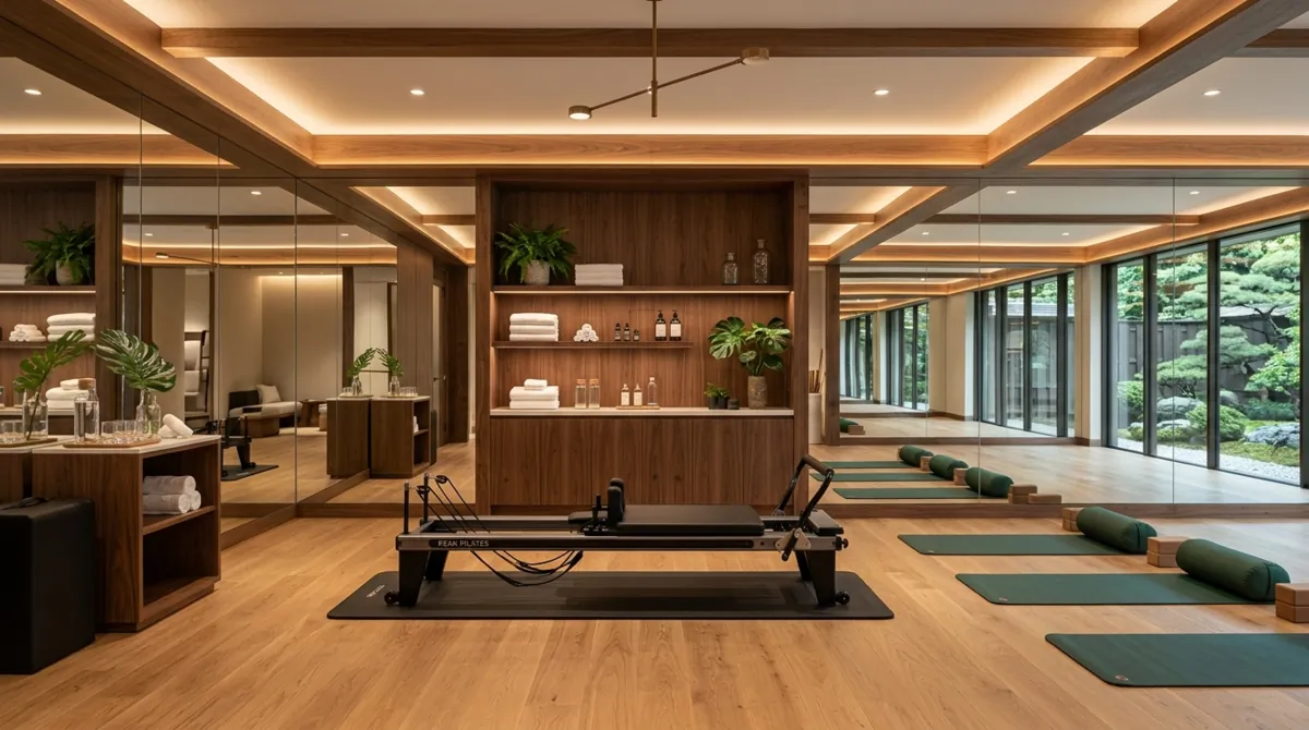 Luxury wellness gym with mirrored walls, Pilates reformer, yoga mats, wood accents, and soft ambient light.
