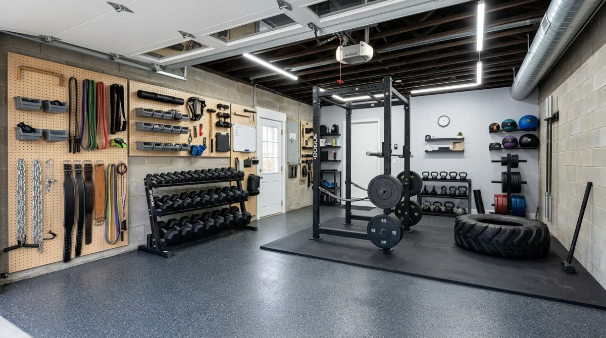 Garage converted home gym with pegboards, squat cage, dumbbell racks, tire setup, and epoxy floor.