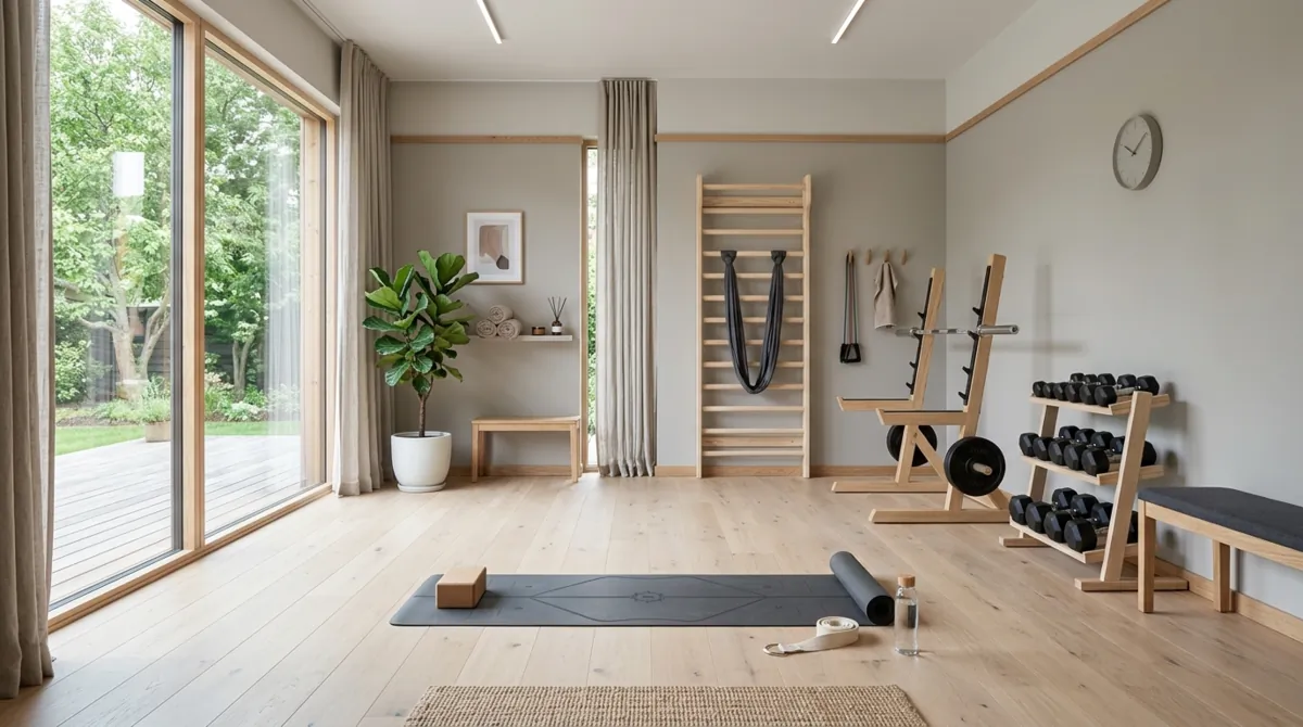 Scandinavian home gym with light wood floor, gray walls, minimal gear, and serene window light.