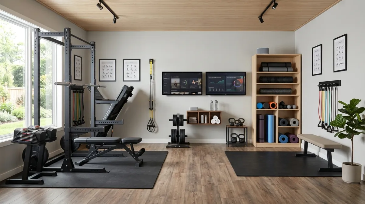 Multi-functional fitness room with workout and recovery zones, adjustable weights, foam roller storage, and smart display.