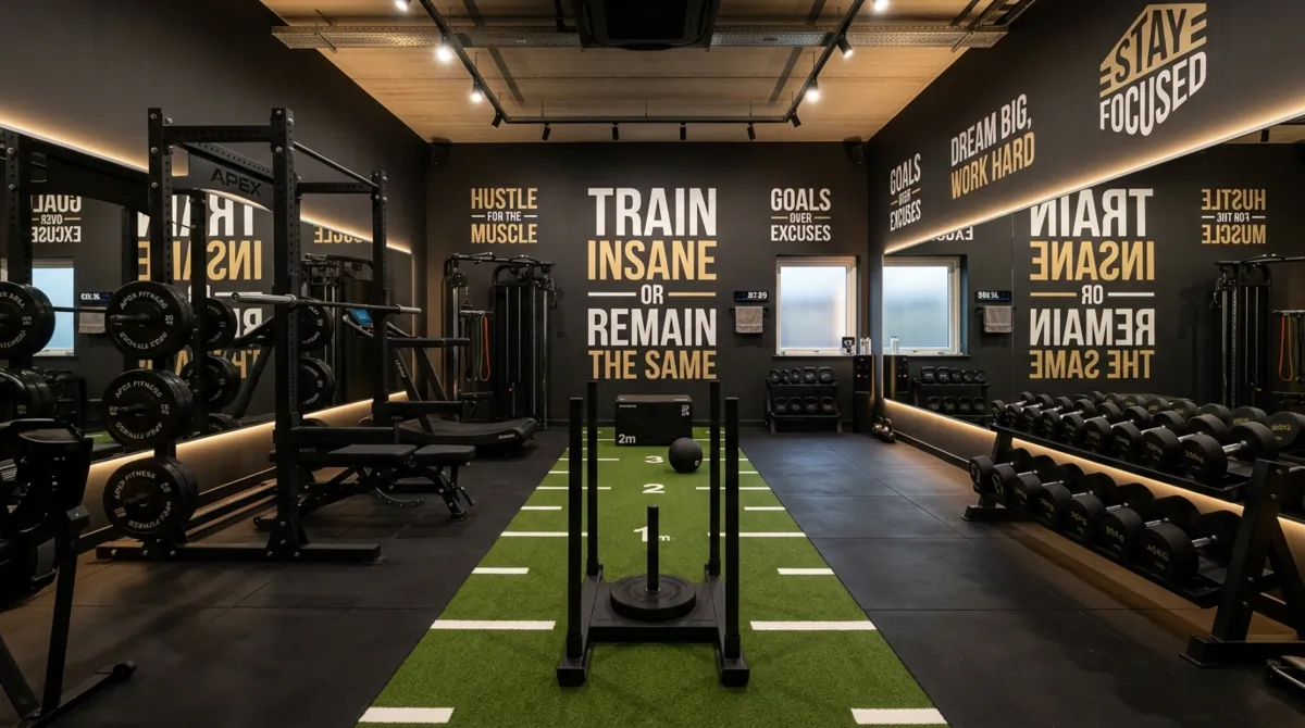 Modern motivational home gym with typography art, black equipment, turf strip, and LED accent lighting.