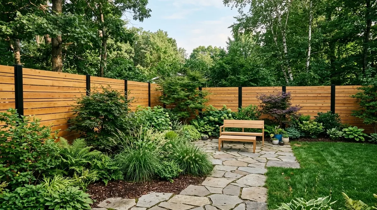 Modern natural wood privacy fence with horizontal cedar slats and lush green landscaping.