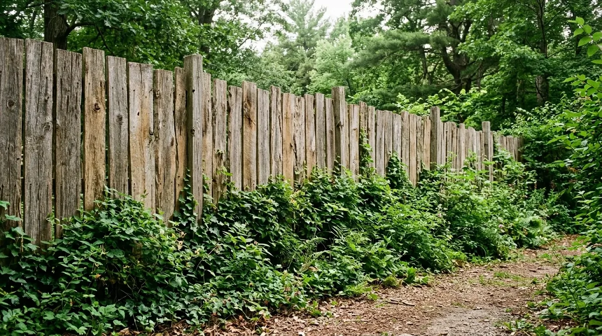 Rustic vertical plank fence with reclaimed timber, weathered texture, and dense greenery at the base.