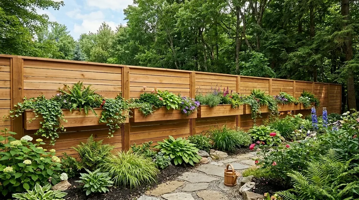 Tall cedar fence with alternating board widths and integrated planter boxes full of greenery.