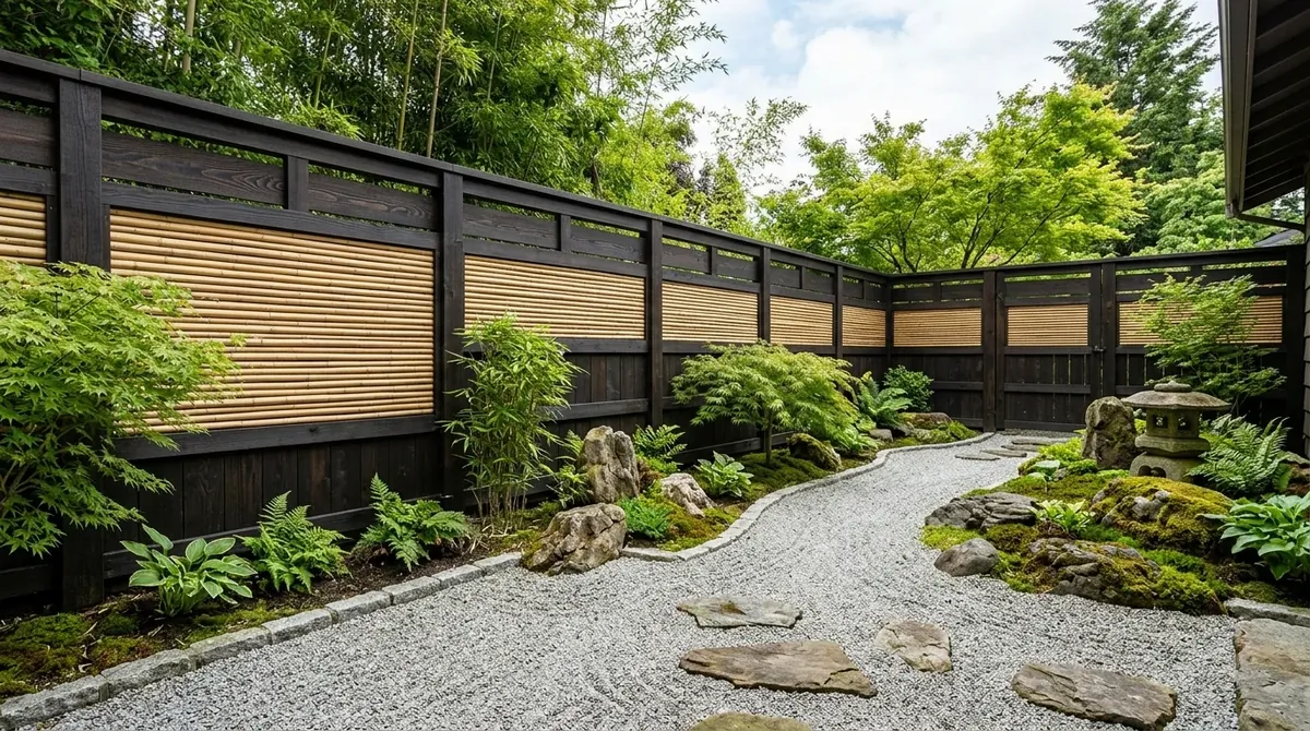 Japanese-inspired privacy fence with bamboo panels, dark timber frame, gravel path, and minimalist rock garden.