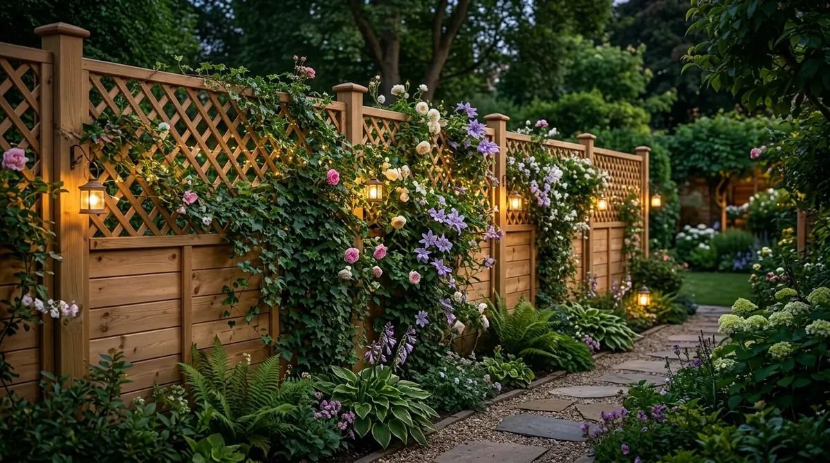 Lattice-top wood fence with vines, flowers, pine finish, and soft garden lighting.