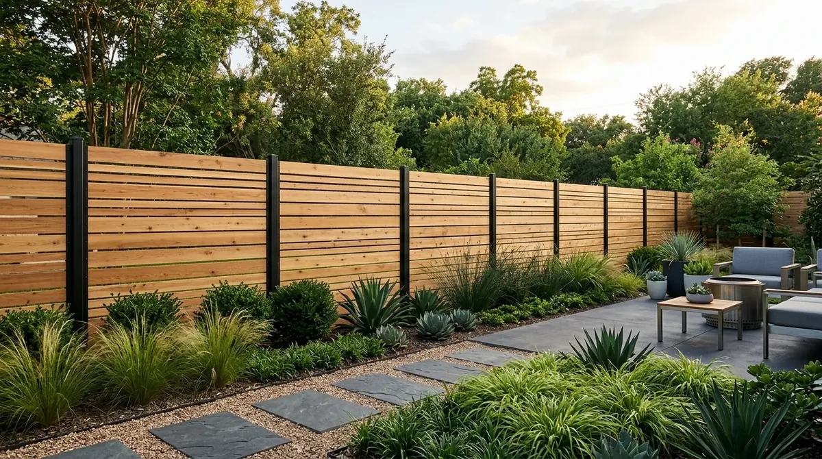 Horizontal slat wood fence with black metal posts and sleek contemporary landscaping.